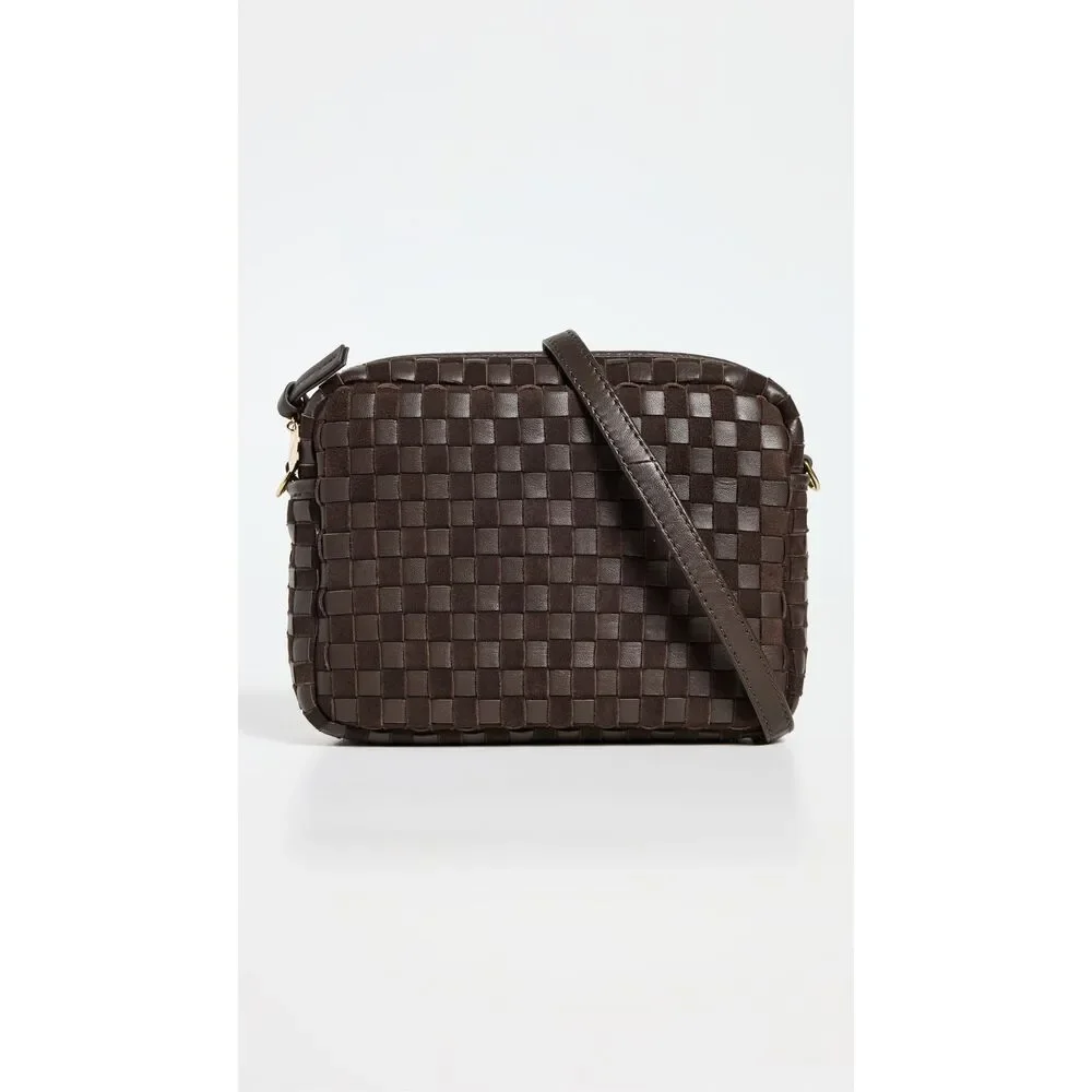 Clare V. Midi Sac in Mahogany Nappa & Suede Woven Checker